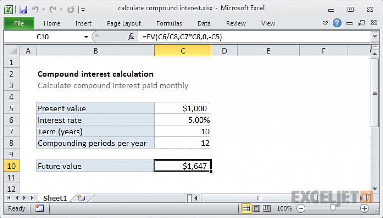 הנוסחה הבסיסית של Excel לריבית מורכבת היא כזו